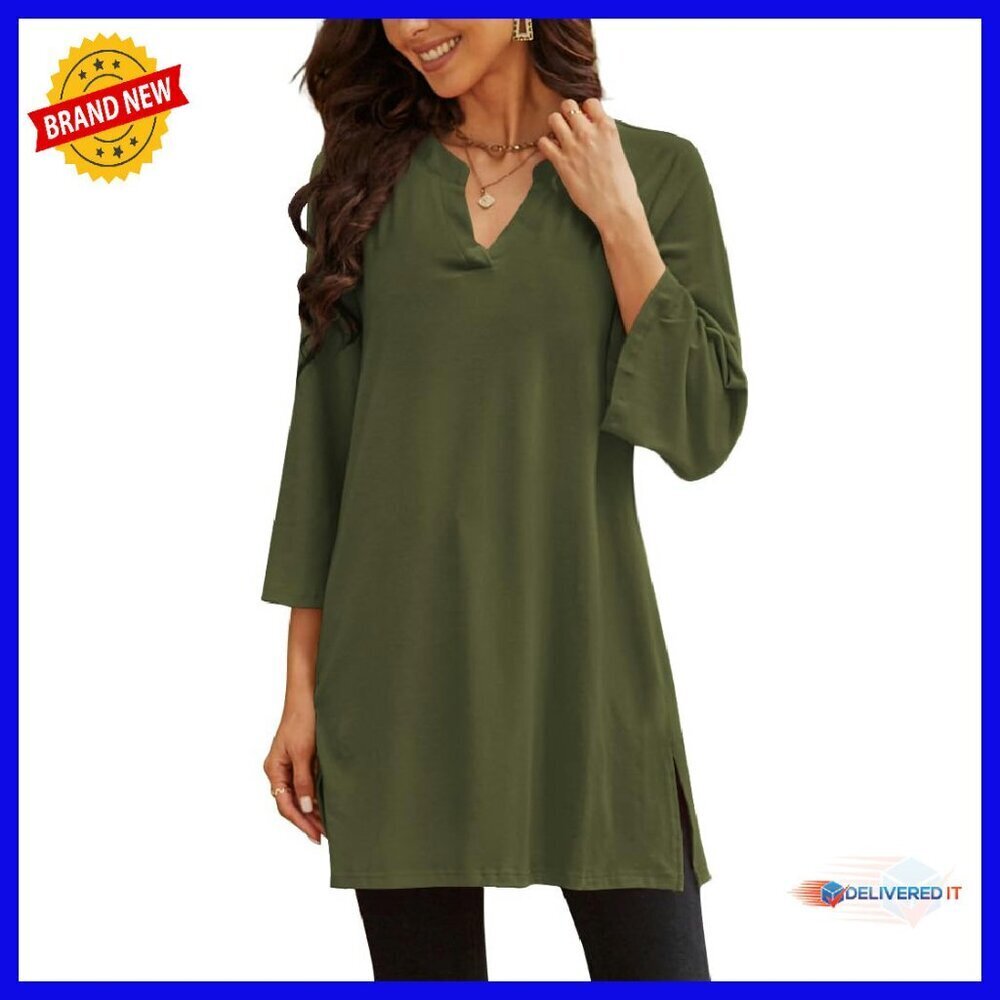 3/4 Bell Sleeve Tunic Top Loose Fit Side Split Flare for Leggings